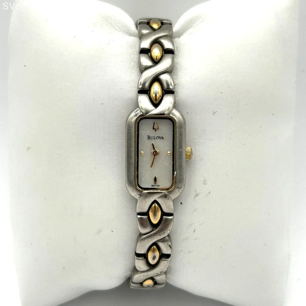 Vintage Y2K Bulova Women's Two-Tone Cross Link Bracelet Watch C899179 White Dial